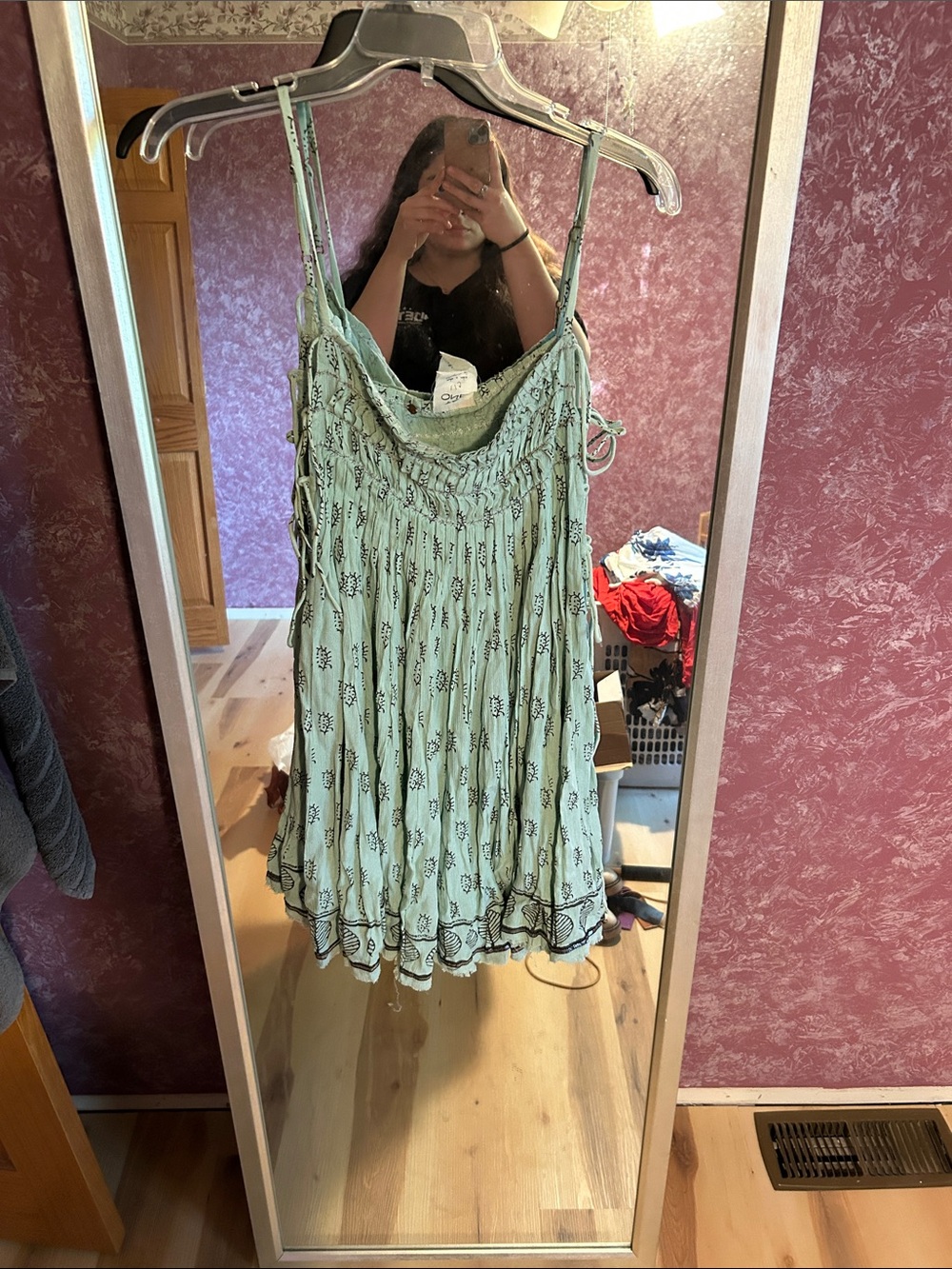 Light Green Printed Smocked Cami with Adjustable Straps - Women's